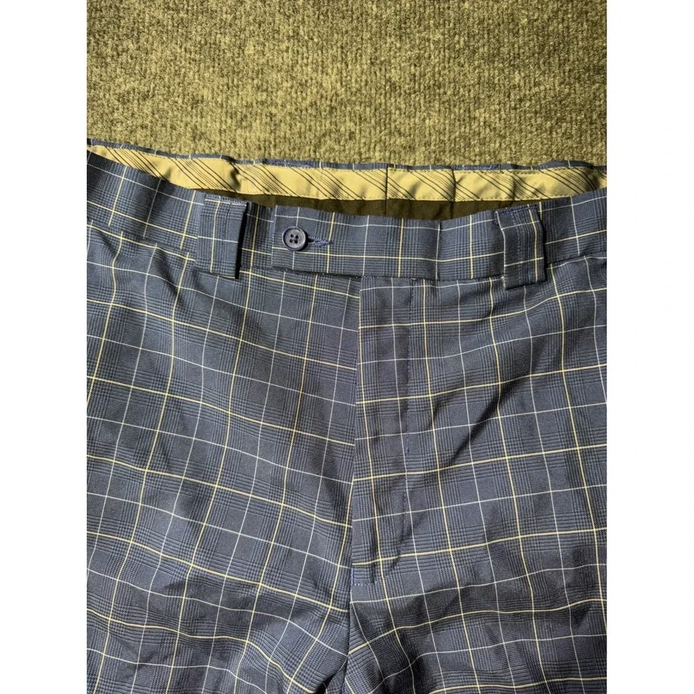 Blue Plaid Golf Shorts Mens 38 Windowpane Check Polyester Flat Front Casual
